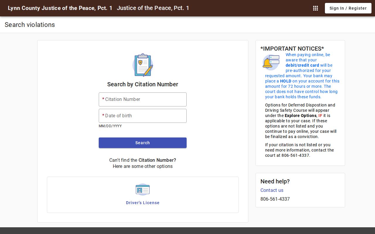 Lynn County Justice of the Peace citation search entry page