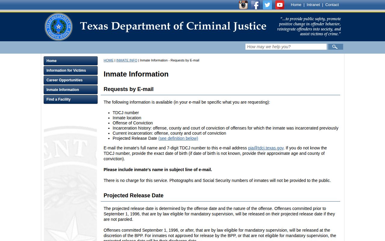 Lynn County projected release date information request fields